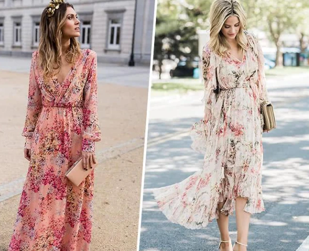 Floral chiffon gown styled with simple accessories and elegant details.