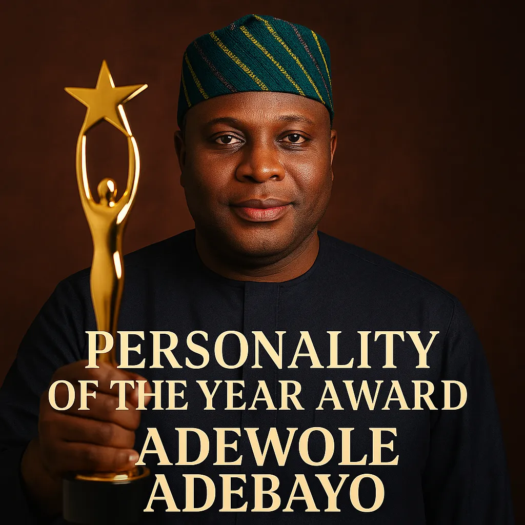 Portrait of Adewole Adebayo wearing a traditional Yoruba cap and navy outfit, proudly holding a golden "Personality of the Year Award" trophy against a warm brown background.