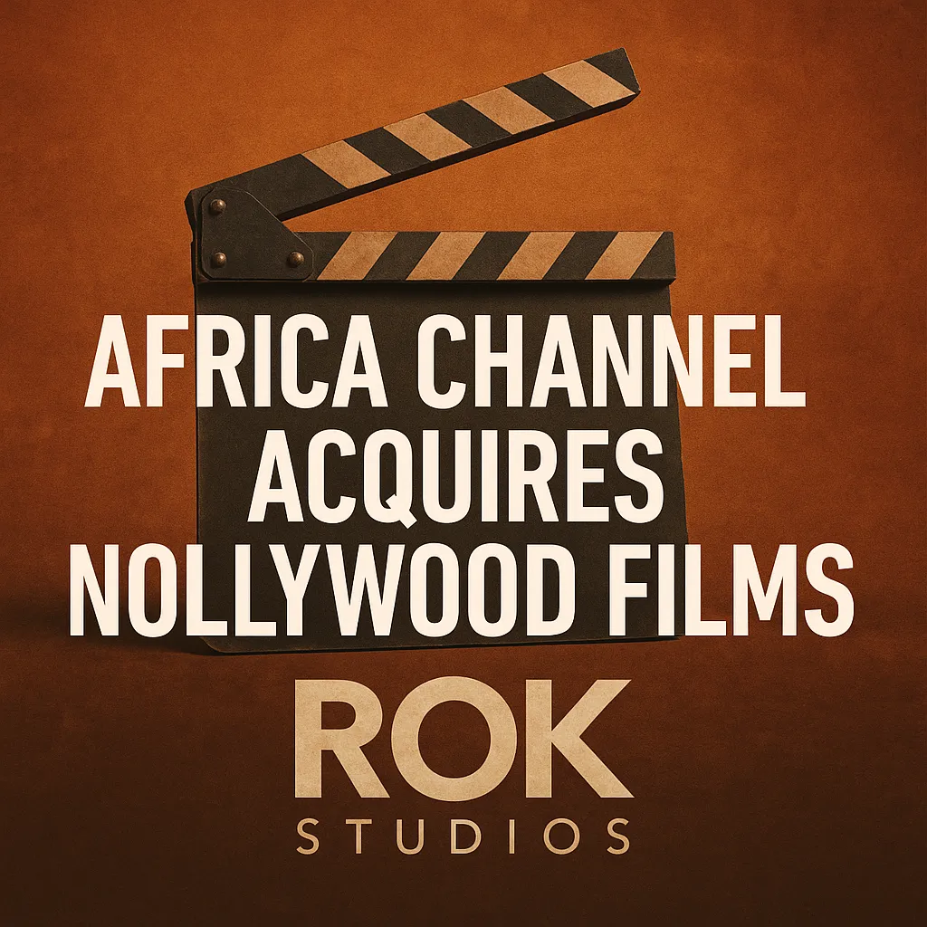 Digital graphic showing a clapperboard with text announcing The Africa Channel acquiring Nollywood films from Rok Studios on an orange backdrop.