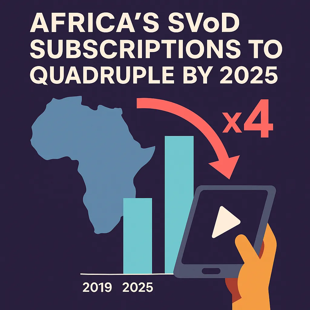 Flat-design infographic showing Africa’s SVoD subscriptions quadrupling by 2025, with a map of Africa, a bar chart comparing 2019 vs. 2025, and a hand holding a tablet with a play button icon.