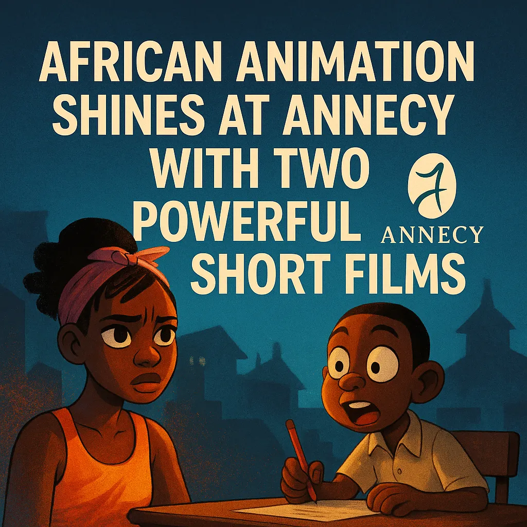 Illustration celebrating African animation at Annecy Festival, featuring two animated African characters and bold festival announcement text with the Annecy logo on a deep blue background.