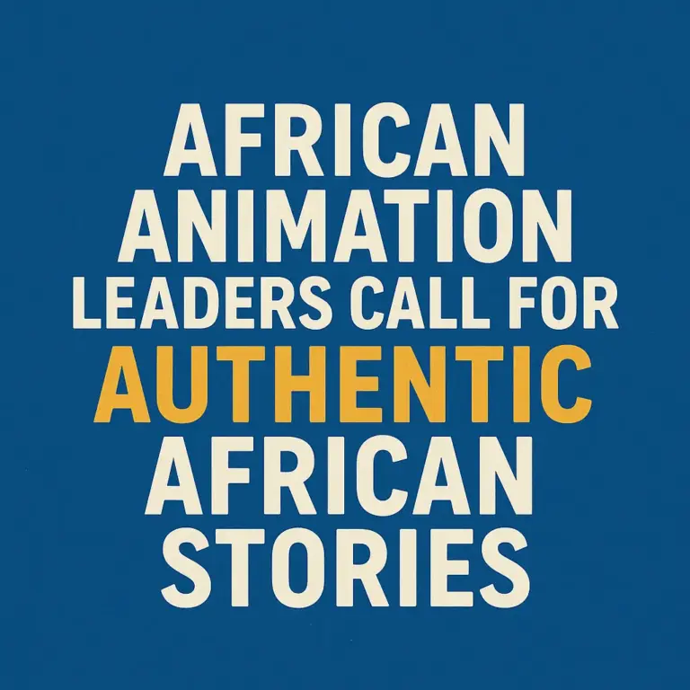 Minimalist blue graphic with bold white and golden typography reading “African Animation Leaders Call for Authentic African Stories,” symbolizing the call for culturally rooted storytelling.