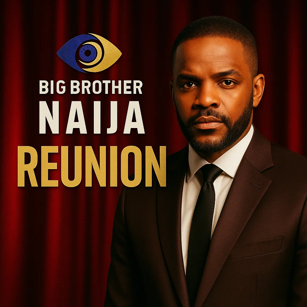 Promotional image for Big Brother Naija Season 7 Reunion featuring the host in a dark suit against a red curtain backdrop.