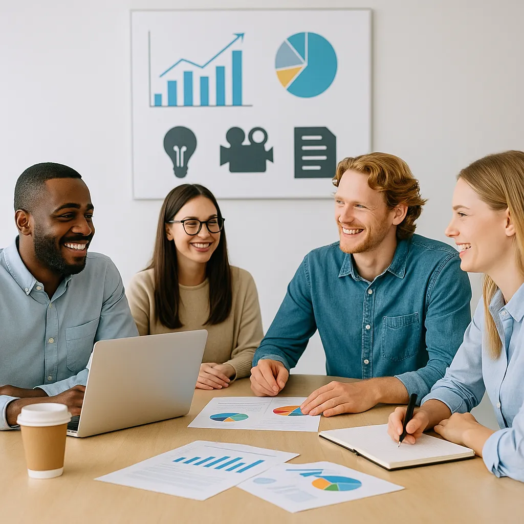 Group of four diverse media professionals sitting around a table with laptops and charts, brainstorming ideas in a bright modern office with a whiteboard behind them.