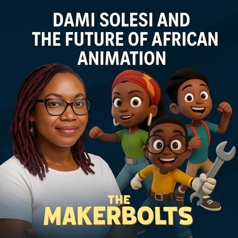 Portrait of Dami Solesi next to three colorful 3D Makerbolts characters on a deep blue background, symbolizing the rise of Nigerian animation and her role in representing Africa at Annecy.
