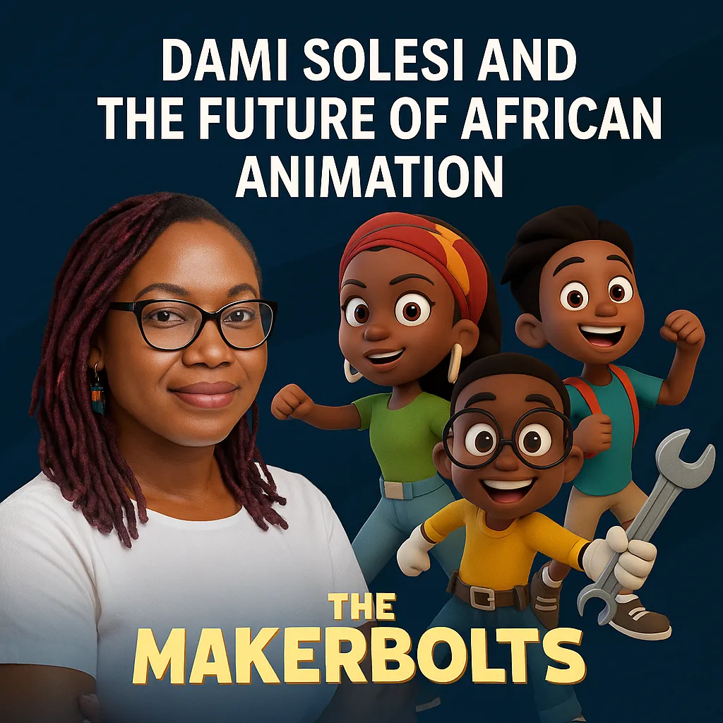 Portrait of Dami Solesi next to three colorful 3D Makerbolts characters on a deep blue background, symbolizing the rise of Nigerian animation and her role in representing Africa at Annecy.