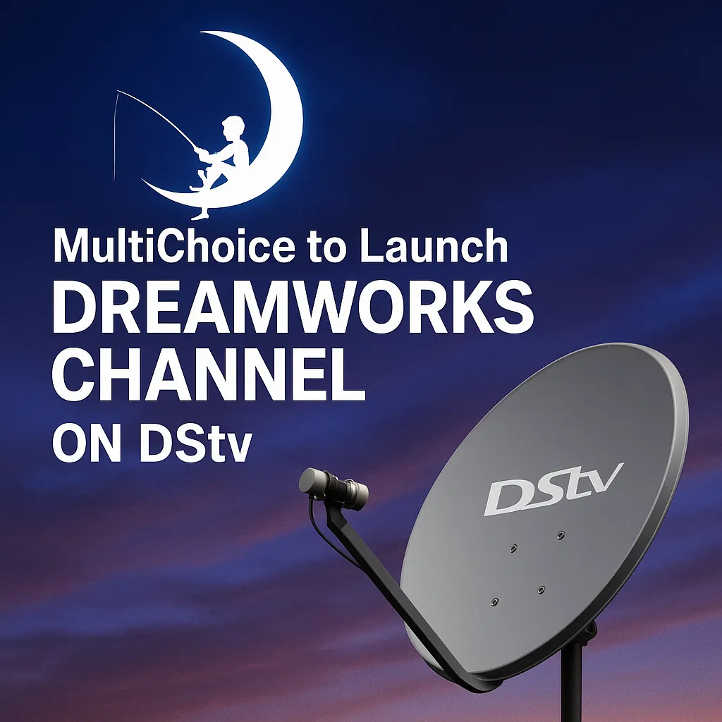 DreamWorks channel launch announcement on DStv with DreamWorks crescent moon logo and satellite dish against a twilight sky.