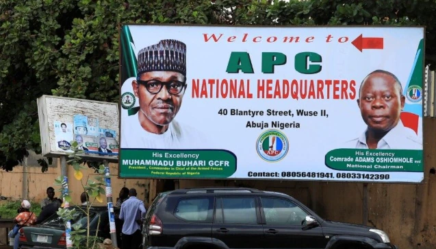 APC leaders and officials gather during party decision-making process.