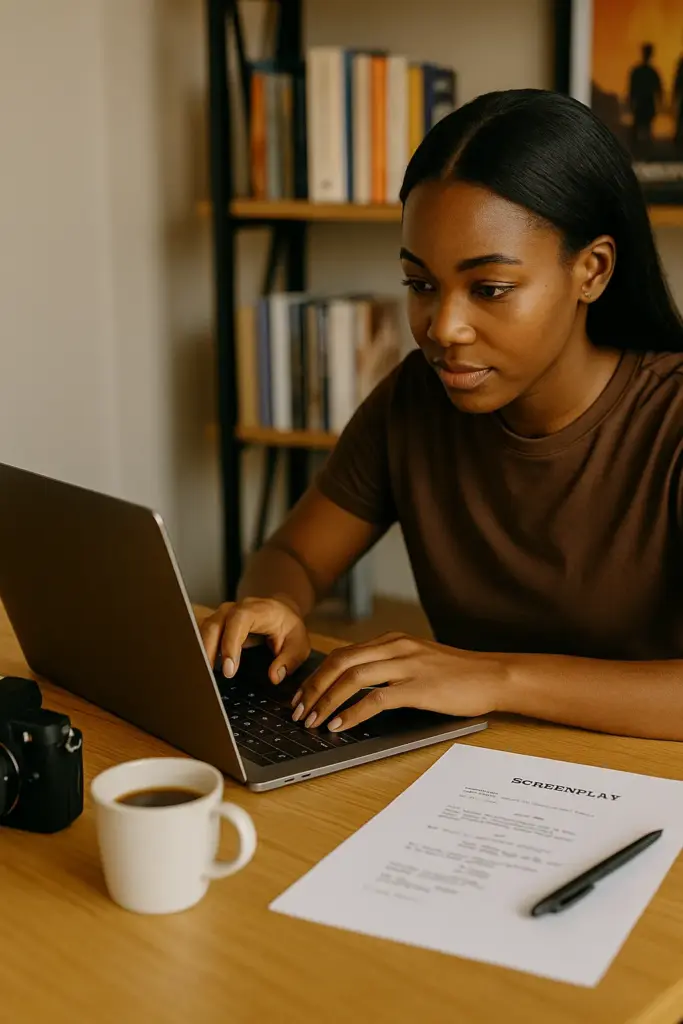 Young African woman working on a screenplay at a wooden desk with laptop, coffee mug, camera, and printed script, symbolizing media career opportunities.