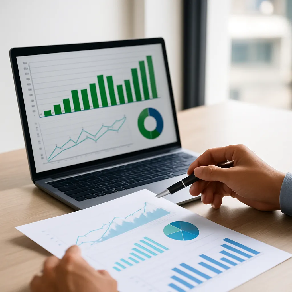 Close-up of an analyst’s hand pointing at printed reports with bar and pie charts, while a laptop screen displays green growth graphs and data.