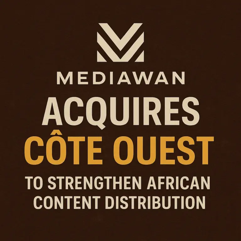 Graphic featuring Mediawan logo and bold announcement text "Mediawan Acquires Côte Ouest to Strengthen African Content Distribution" on a textured dark brown background.