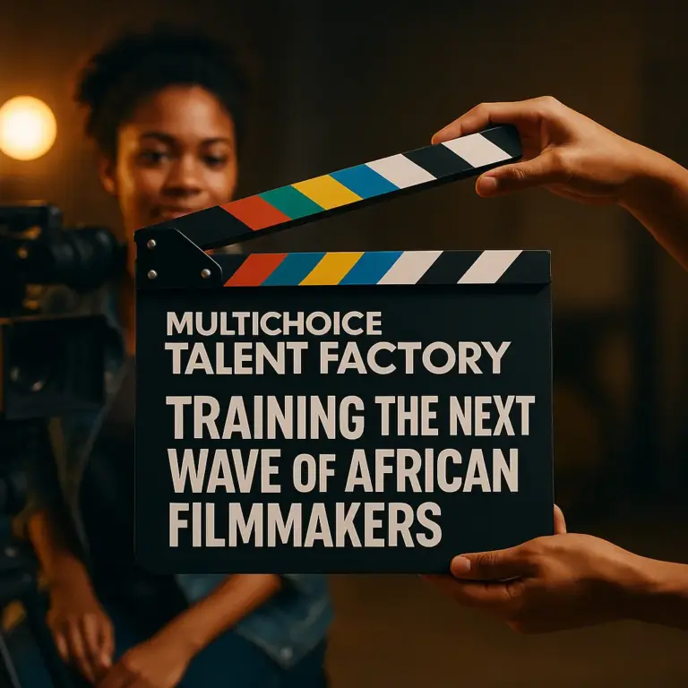 Young African filmmaker behind a professional camera, with a clapperboard showing "MultiChoice Talent Factory – Training the Next Wave of African Filmmakers," symbolizing creative education and mentorship.