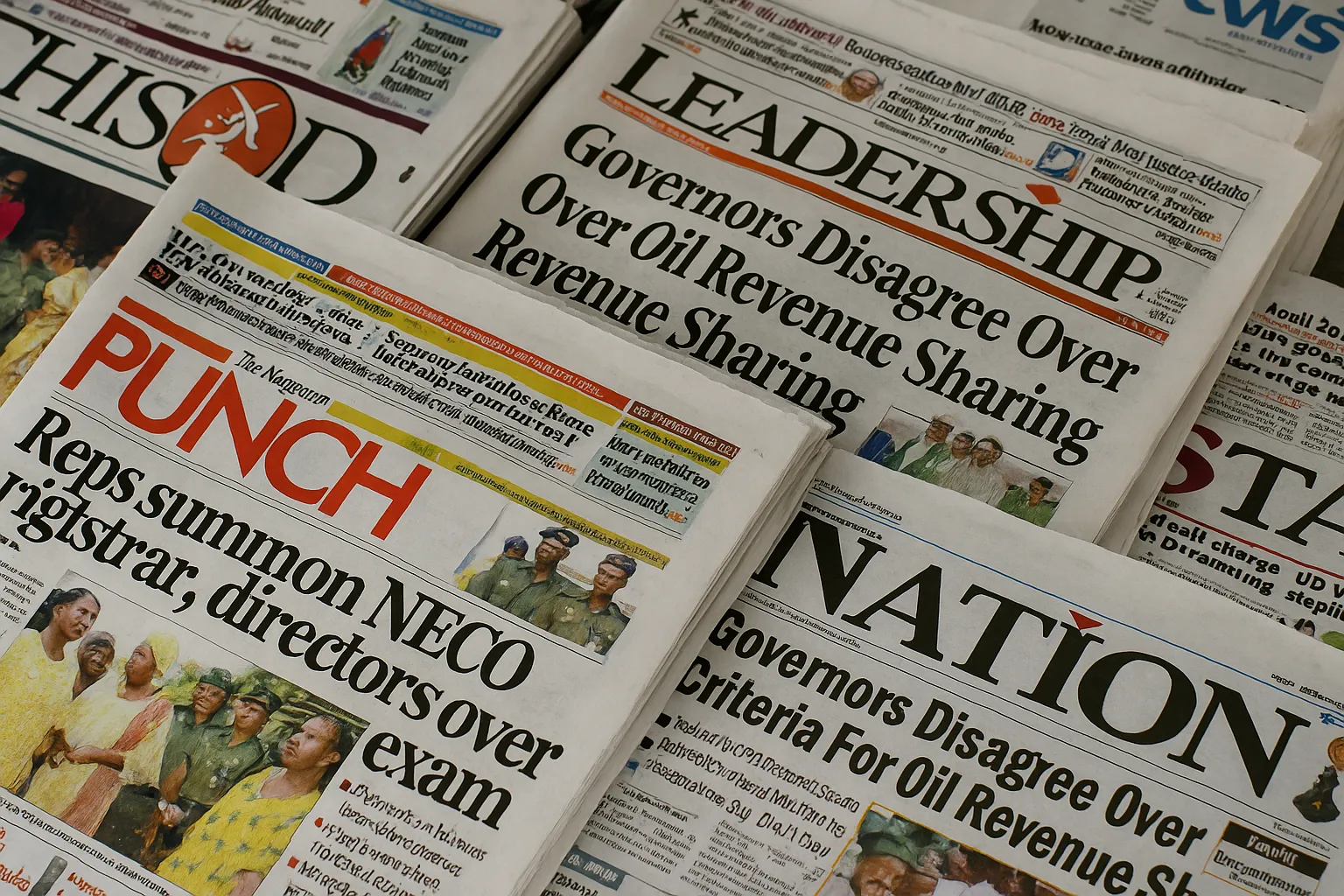 Close-up of Nigerian newspapers stacked together, featuring Punch, Leadership, and Nation front pages with bold headlines and colorful photos.