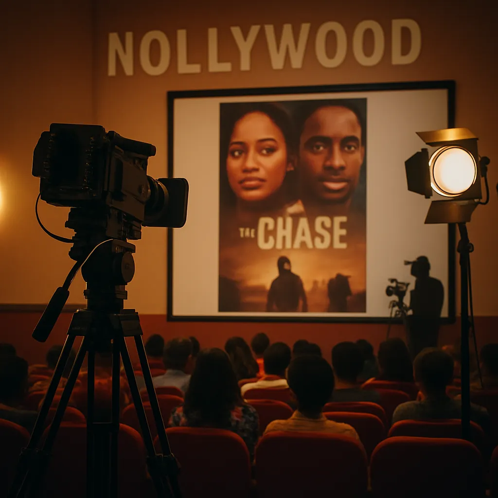 Nollywood cinema hall with audience watching a film, camera on tripod and studio light capturing the screening, symbolizing Nigeria’s film industry.