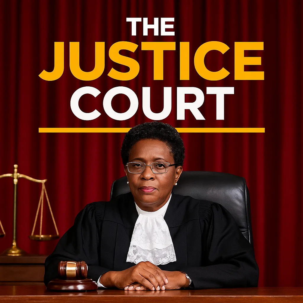 Promotional image for The Justice Court featuring a Nigerian female judge in black robe behind a wooden bench with scales of justice in the background.